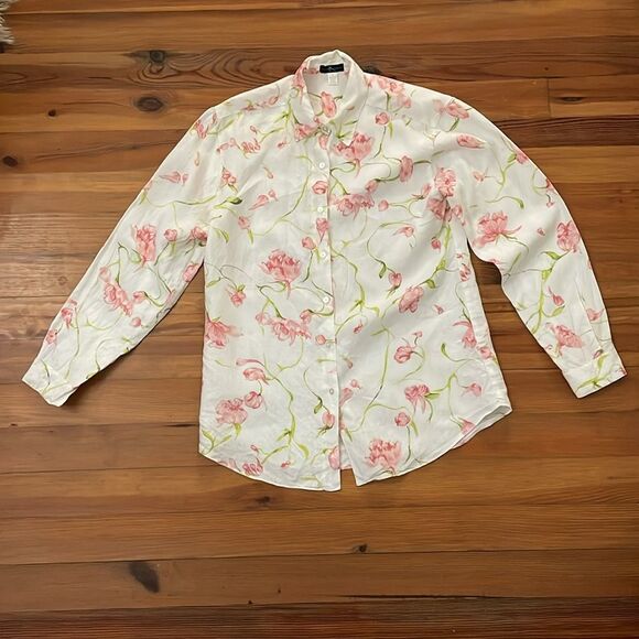 Island Republic White Floral Linen Button Up Shirt Womens Size Small Oversized - Picture 3 of 10